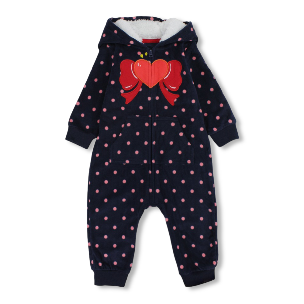 Baby Girls Fleeced Hooded Footless Onesie – Navy with Heart & Bow Print
