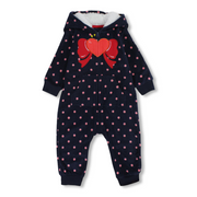 Baby Girls Fleeced Hooded Footless Onesie – Navy with Heart & Bow Print