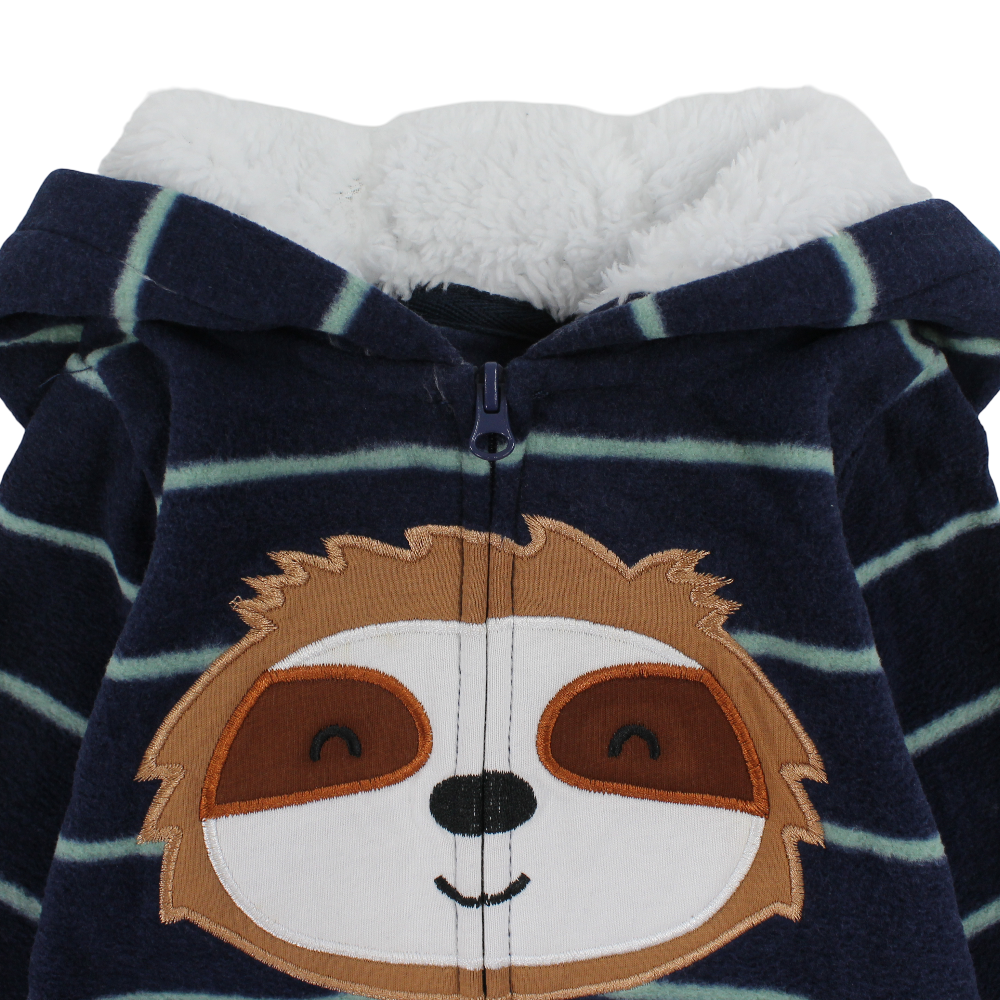 Baby Boys Fleeced Hoioded Footless Onesie – Navy with Sloth Face Design