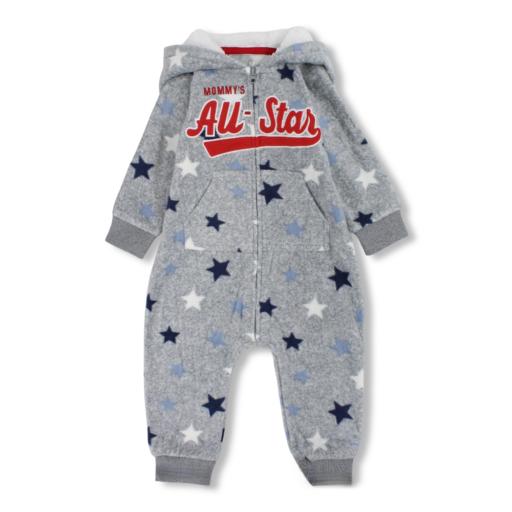 Baby Boys Fleeced Hooded Footless Onesie – Grey with All-Star Print