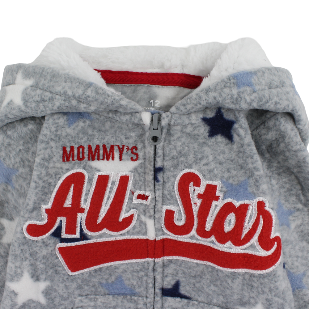 Baby Boys Fleeced Hooded Footless Onesie – Grey with All-Star Print