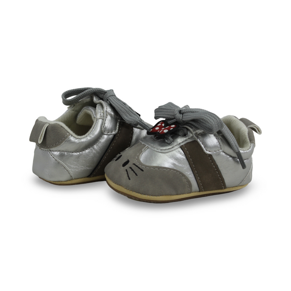 Baby Girls Leather Shoes – Grey with Bow and Mouse Face Design