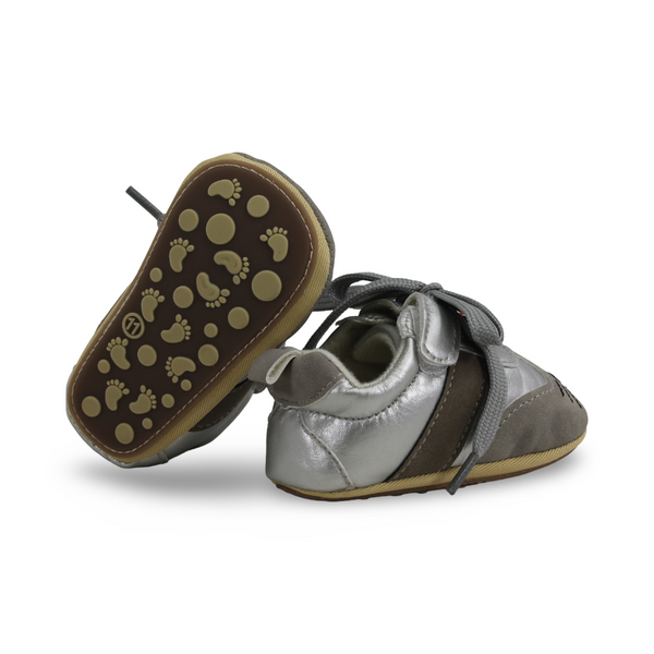 Baby Girls Leather Shoes – Grey with Bow and Mouse Face Design