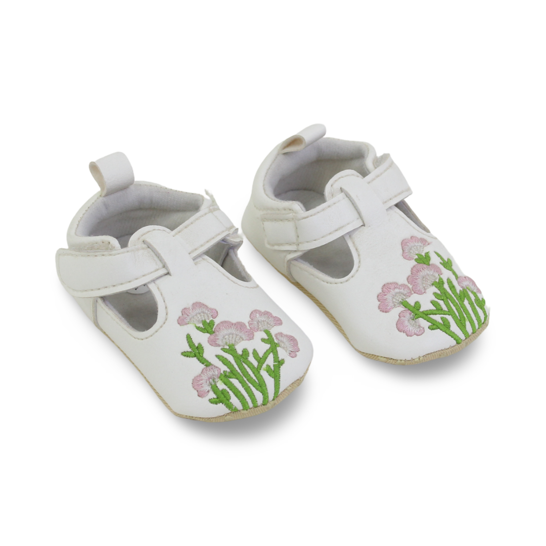 Baby Girls Leather Shoes – White with Flowers Design