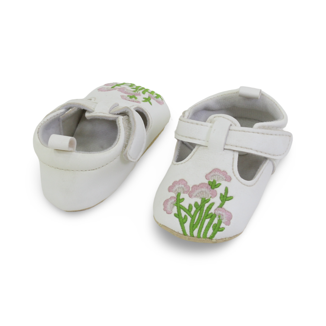Baby Girls Leather Shoes – White with Flowers Design