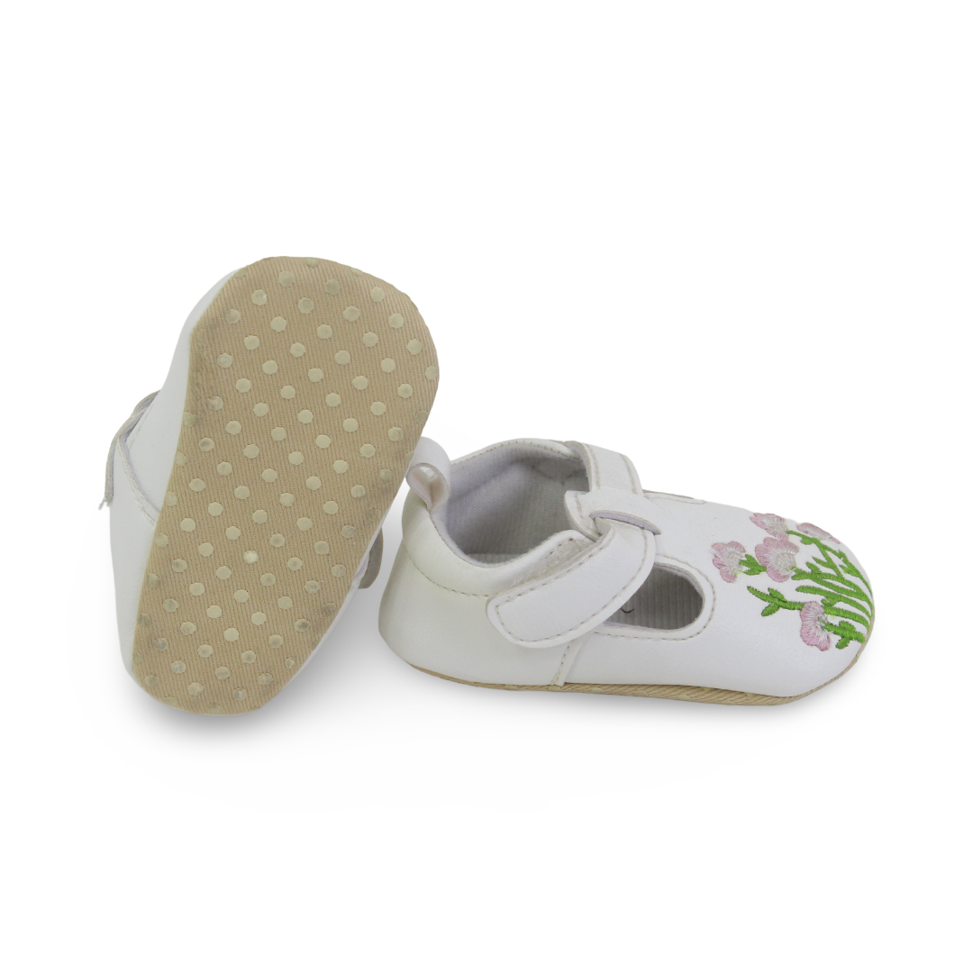 Baby Girls Leather Shoes – White with Flowers Design