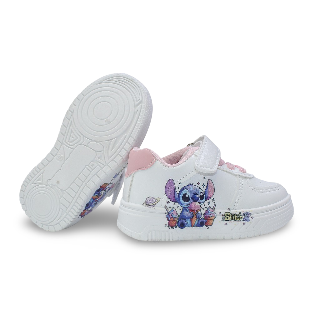 Baby Girls Leather Sneakers – Pink with Stitch & Ice Cream Print