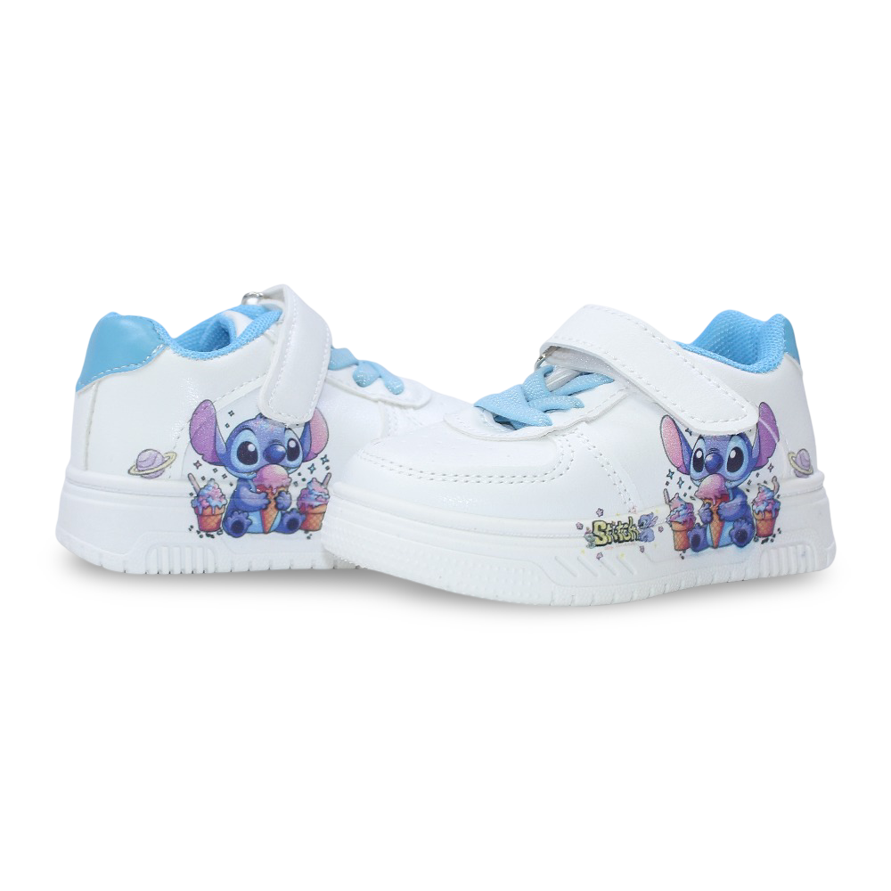 Baby Girls Leather Sneakers – Baby Blue with Stitch & Ice Cream Print