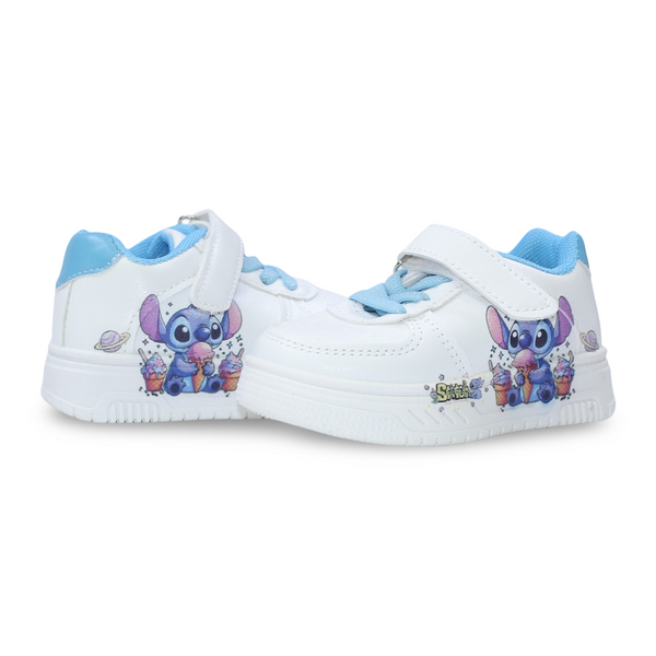 Baby Girls Leather Sneakers – Baby Blue with Stitch & Ice Cream Print