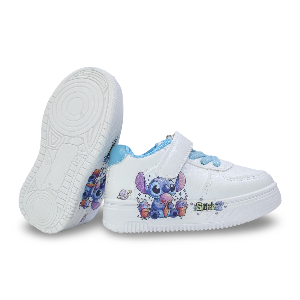 Baby Girls Leather Sneakers – Baby Blue with Stitch & Ice Cream Print