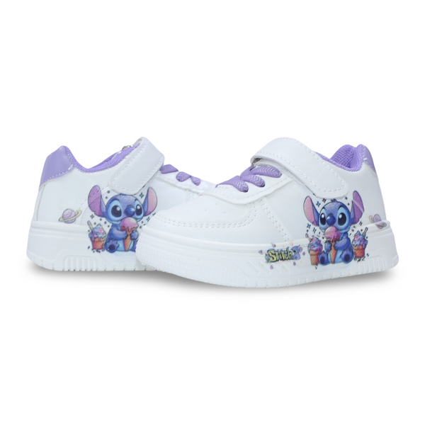 Baby Girls Leather Sneakers – Purple with Stitch & Ice Cream Print