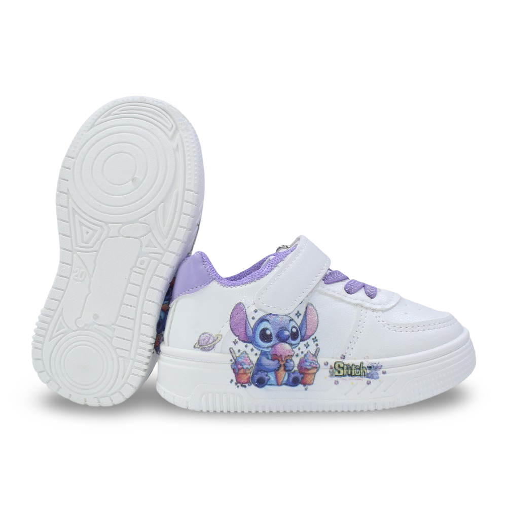 Baby Girls Leather Sneakers – Purple with Stitch & Ice Cream Print