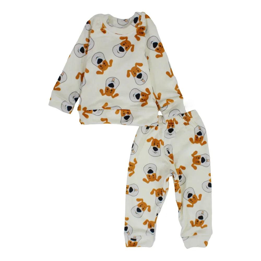 Baby Boys Velvet Thermal Set – Off-White with Dogs Print