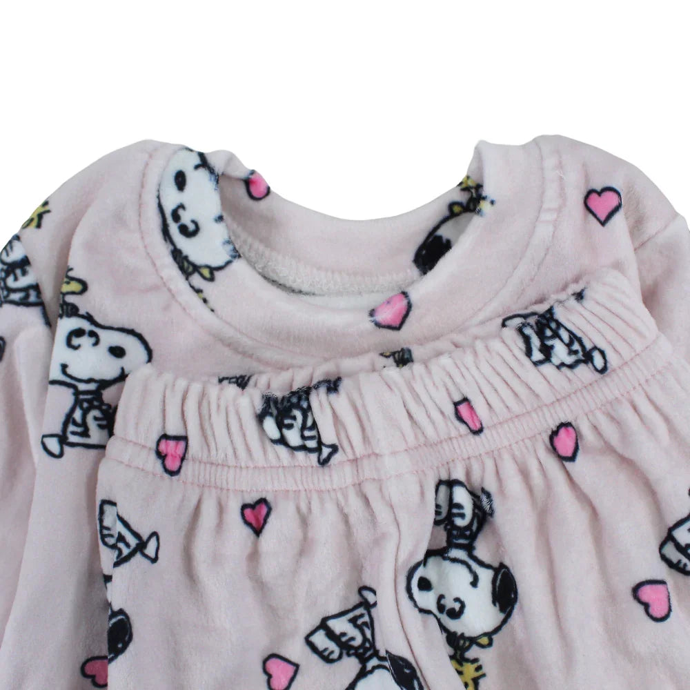 Baby Girls Velvet Thermal Set - Pink with Snoopy Print