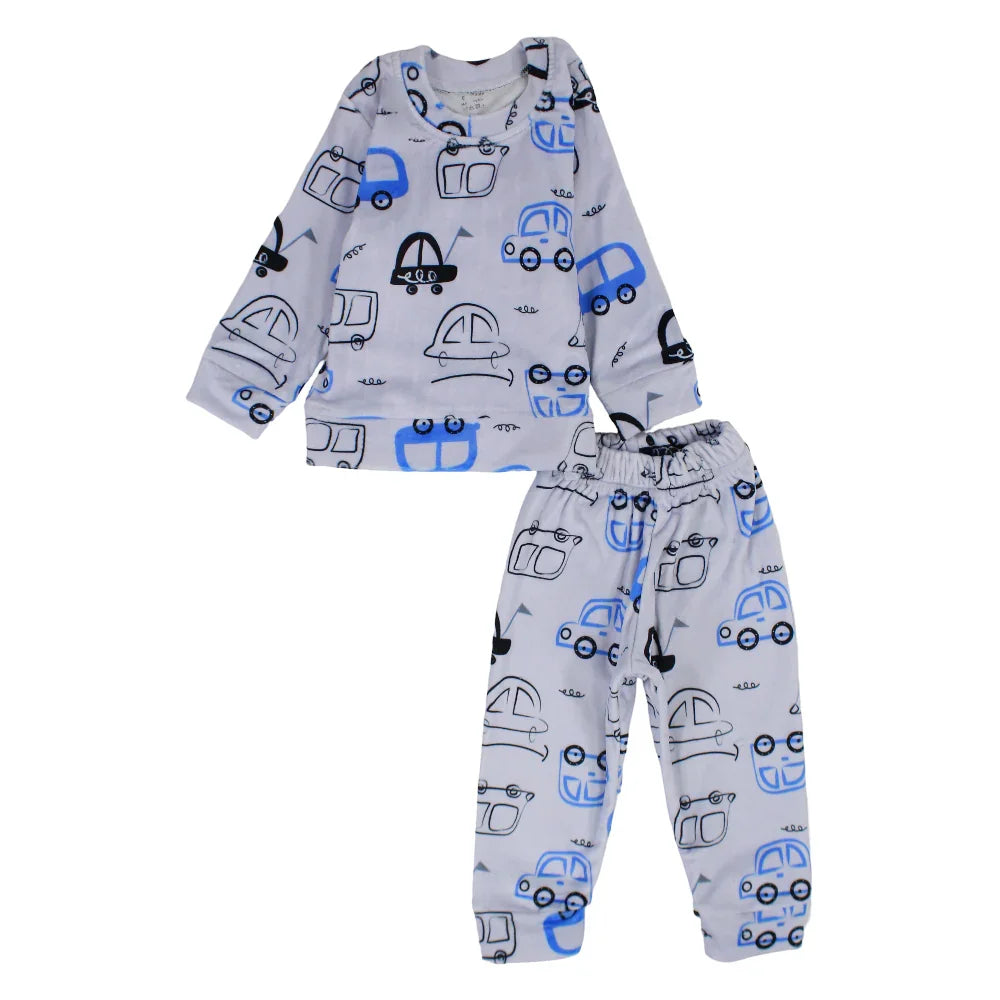 Baby Boys Velvet Thermal Set – Grey with Cars Print