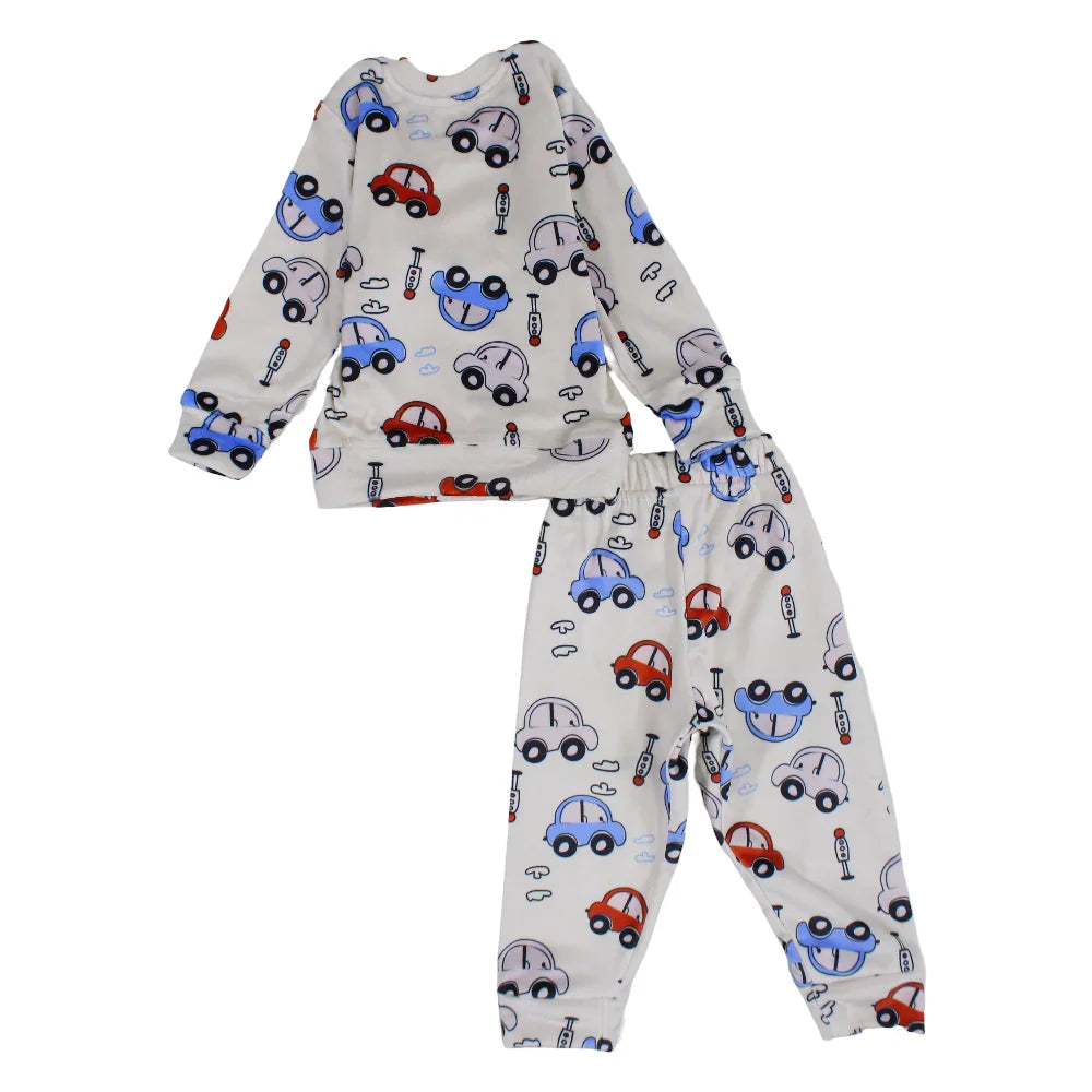 Baby Boys Velvet Thermal Set - Beige with Cars Print
