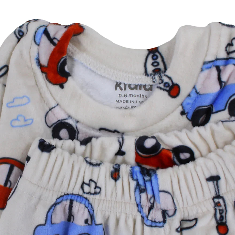 Baby Boys Velvet Thermal Set - Beige with Cars Print