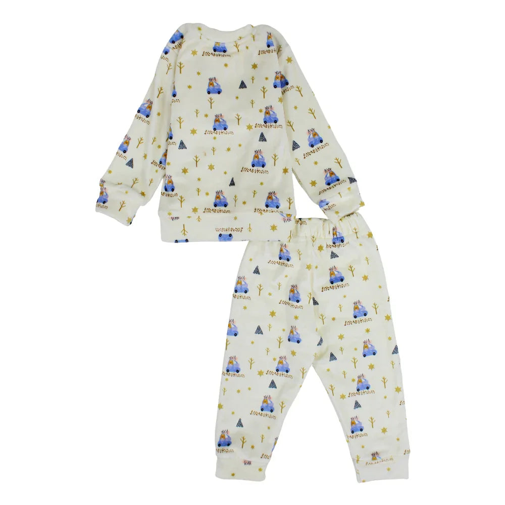 Baby Boys Velvet Thermal Set – Off-White with Cars Print