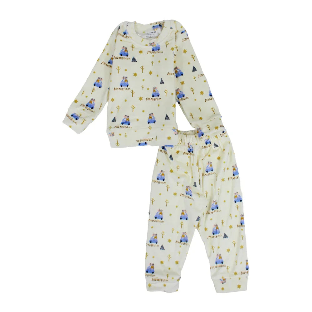 Baby Boys Velvet Thermal Set – Off-White with Cars Print