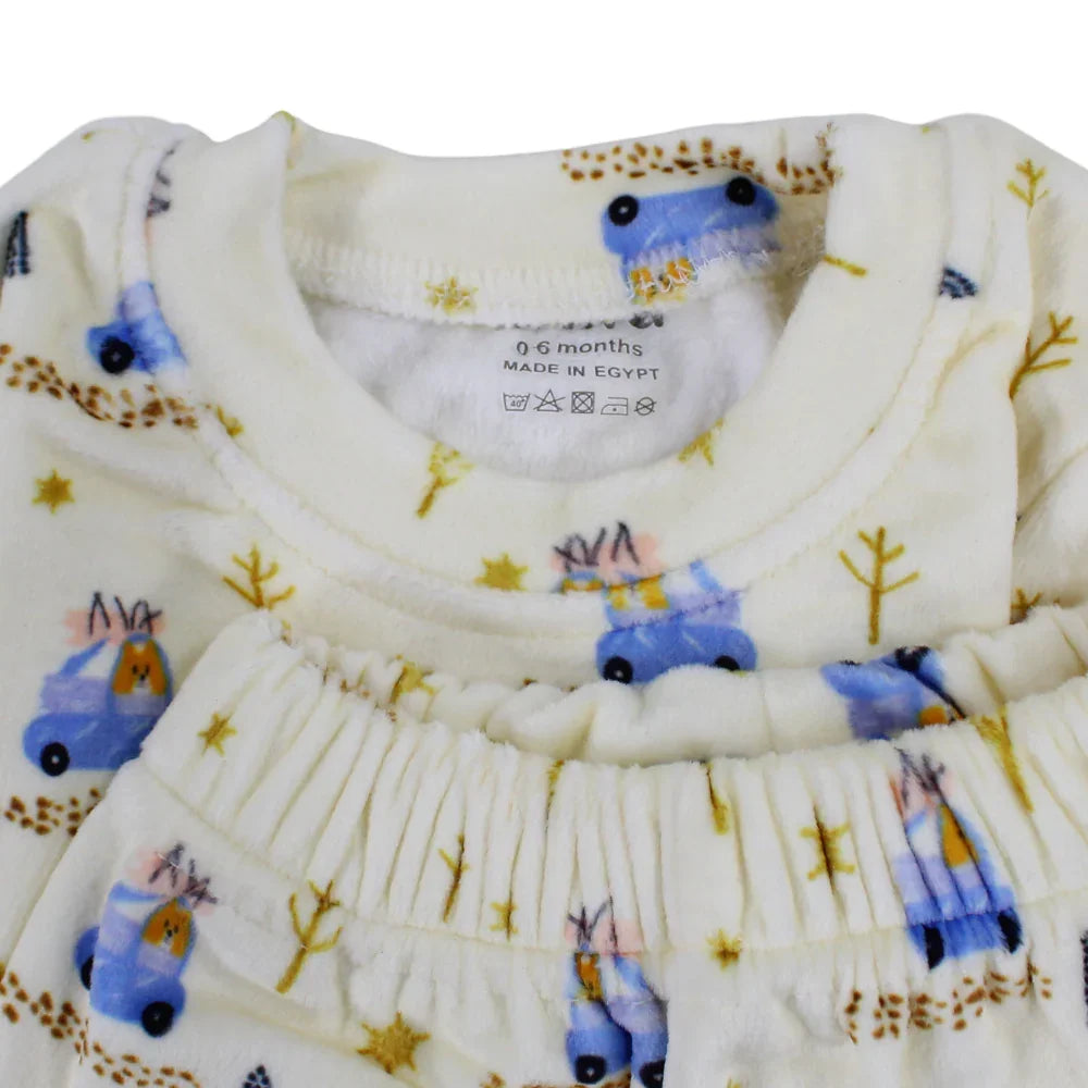 Baby Boys Velvet Thermal Set – Off-White with Cars Print