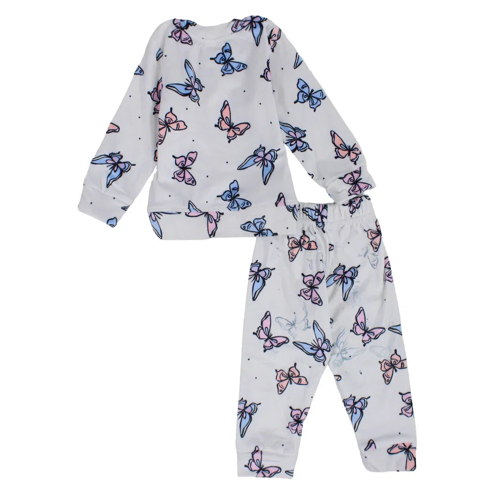 Baby Girls Velvet Thermal Set - White with Butterfly Print