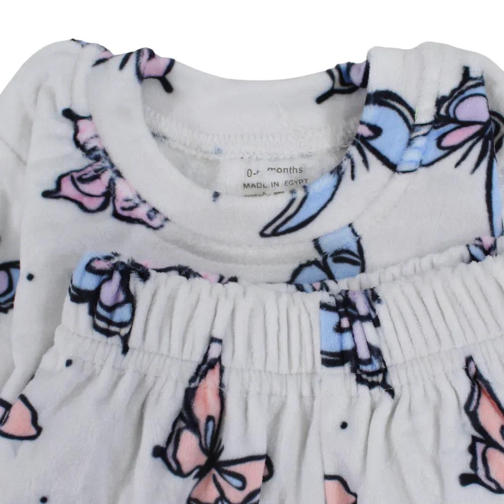 Baby Girls Velvet Thermal Set - White with Butterfly Print