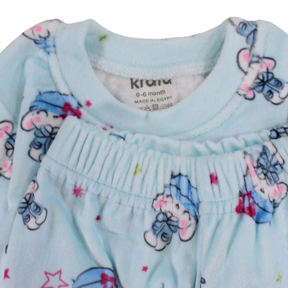 Baby Girls Velvet Thermal Set - Aqua with Cute Bunny Print