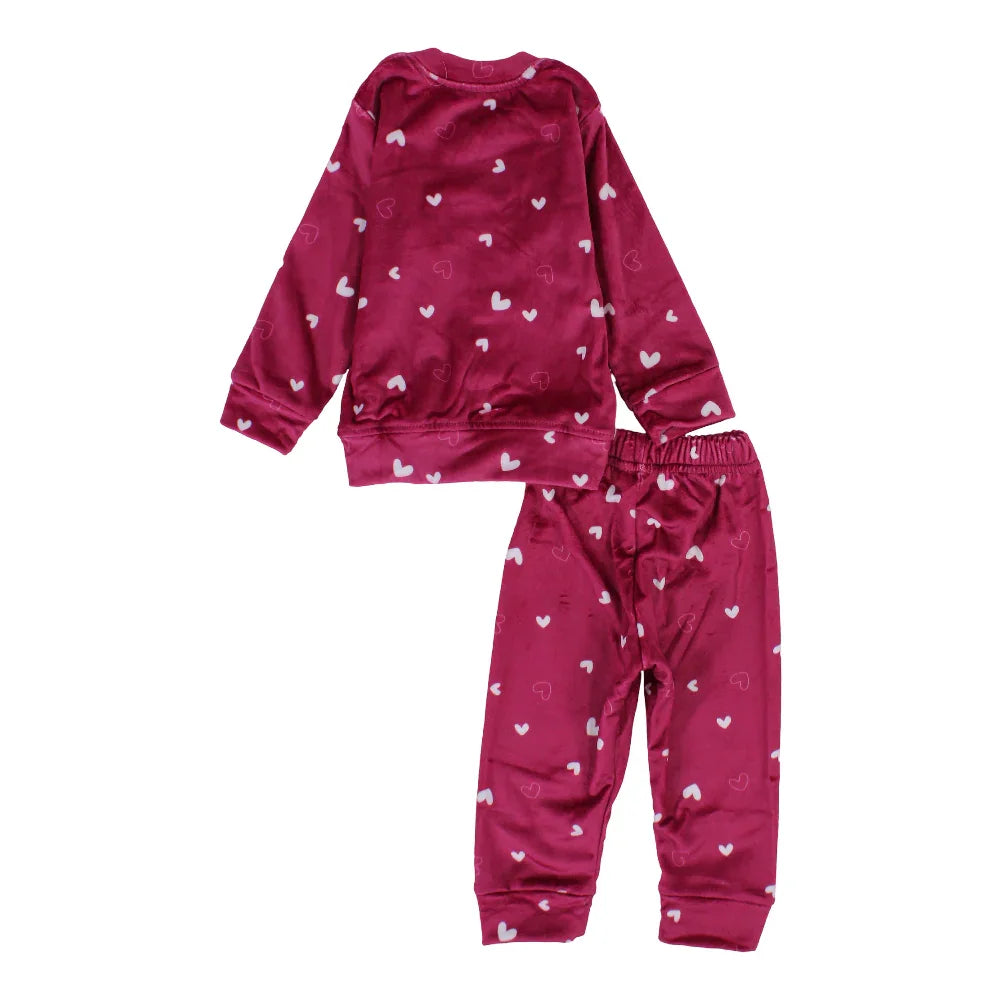 Baby Girls Velvet Thermal Set - Maroon with Hearts Print