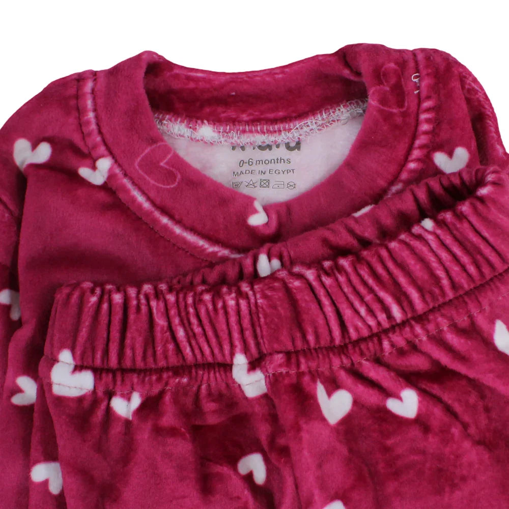 Baby Girls Velvet Thermal Set - Maroon with Hearts Print