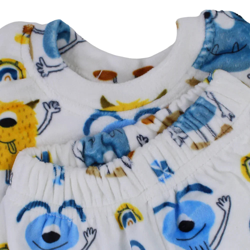 Baby Boys Velvet Thermal Set – White with Monsters Print