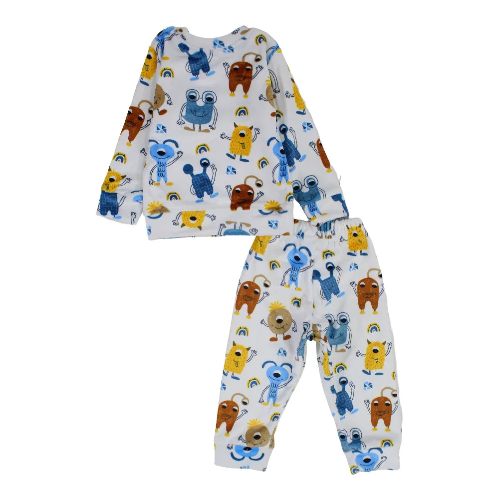 Baby Boys Velvet Thermal Set – White with Monsters Print