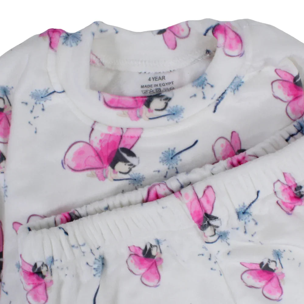 Baby Girls Velvet Thermal Set – White & Pink with Butterflies Print