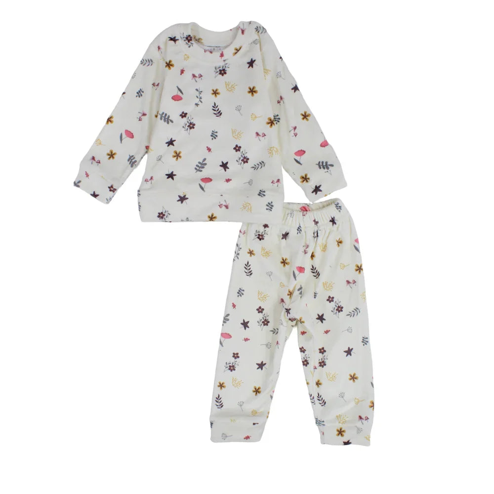 Baby Girls Velvet Thermal Set – Off-White with Flowers Print