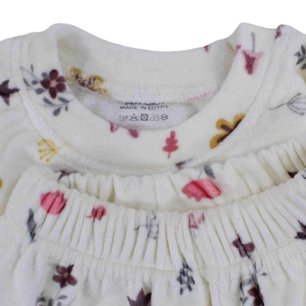 Baby Girls Velvet Thermal Set – Off-White with Flowers Print