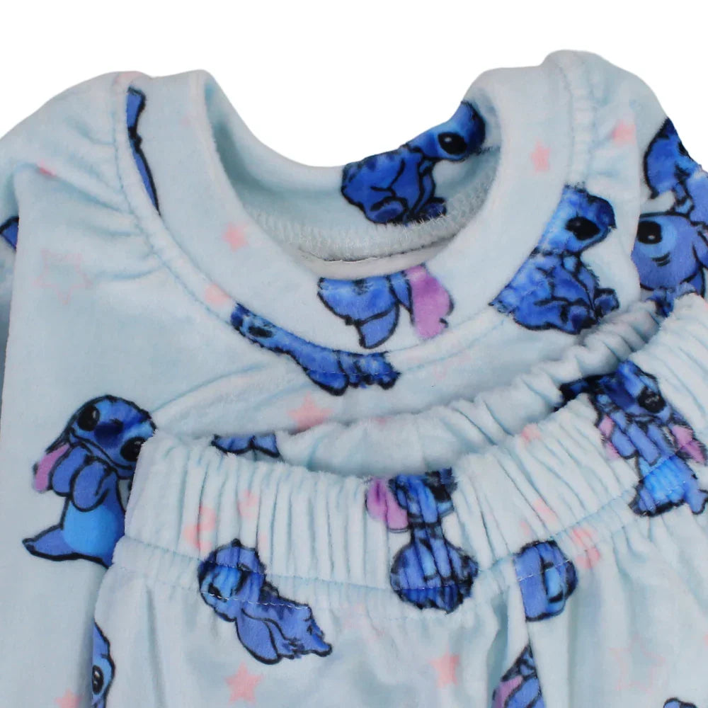 Baby Girls Velvet Thermal Set - Aqua with Stitch Print