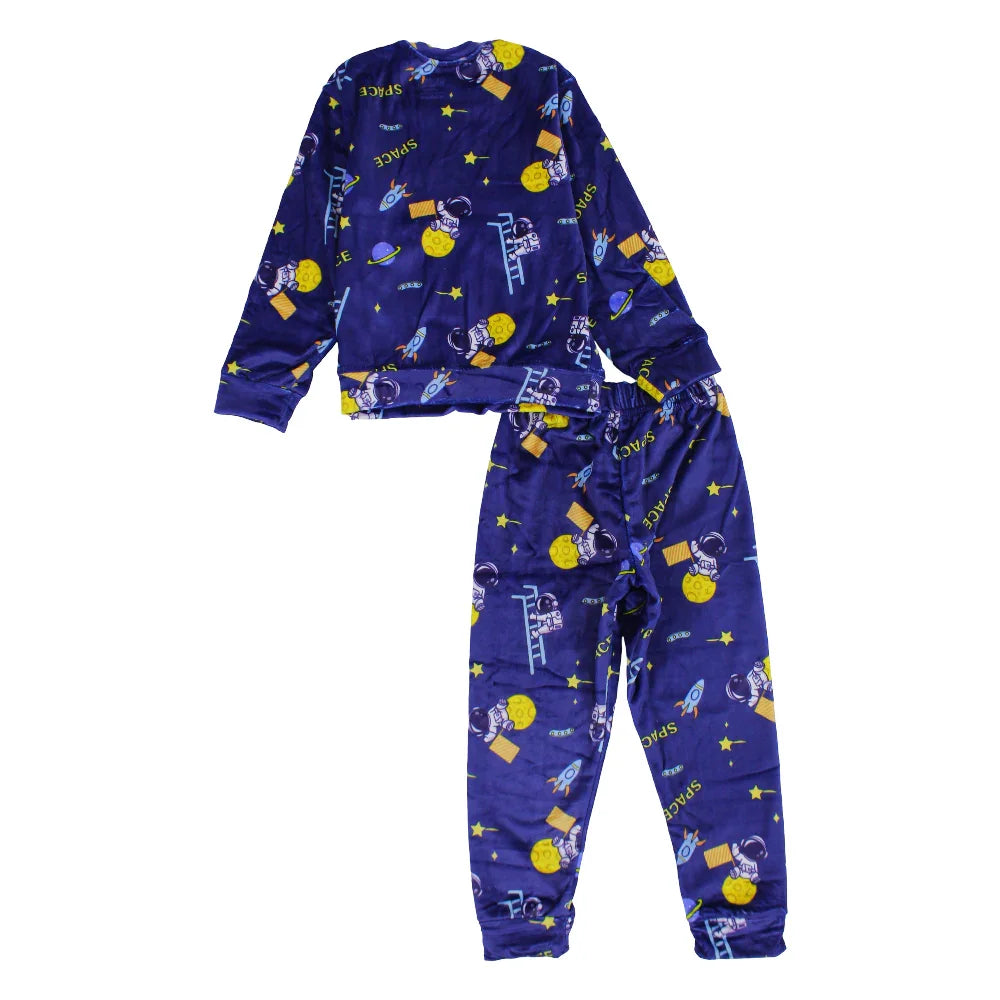 Boys Velvet Thermal Set - Dark Blue with Astronaut Print