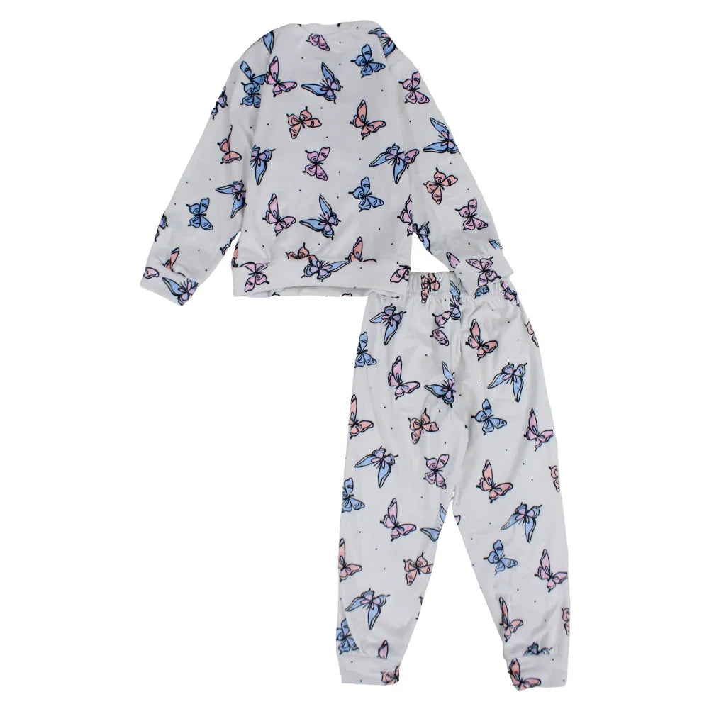 Girls Velvet Thermal Set - White with Butterfly Print