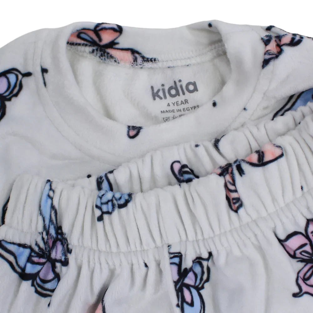 Girls Velvet Thermal Set - White with Butterfly Print