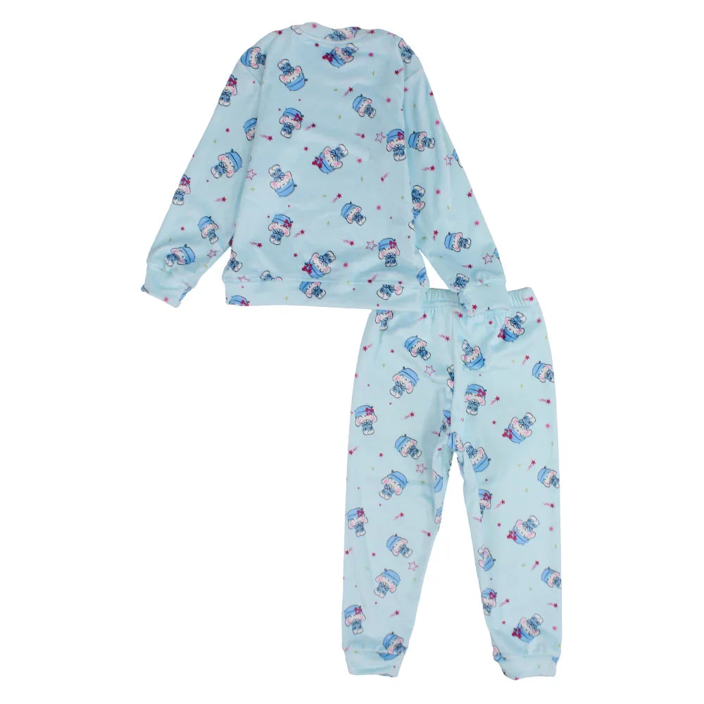 Girls Velvet Thermal Set - Aqua with Cute Bunny Print