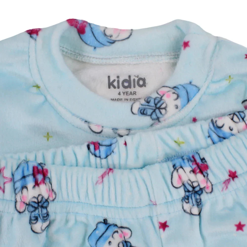 Girls Velvet Thermal Set - Aqua with Cute Bunny Print