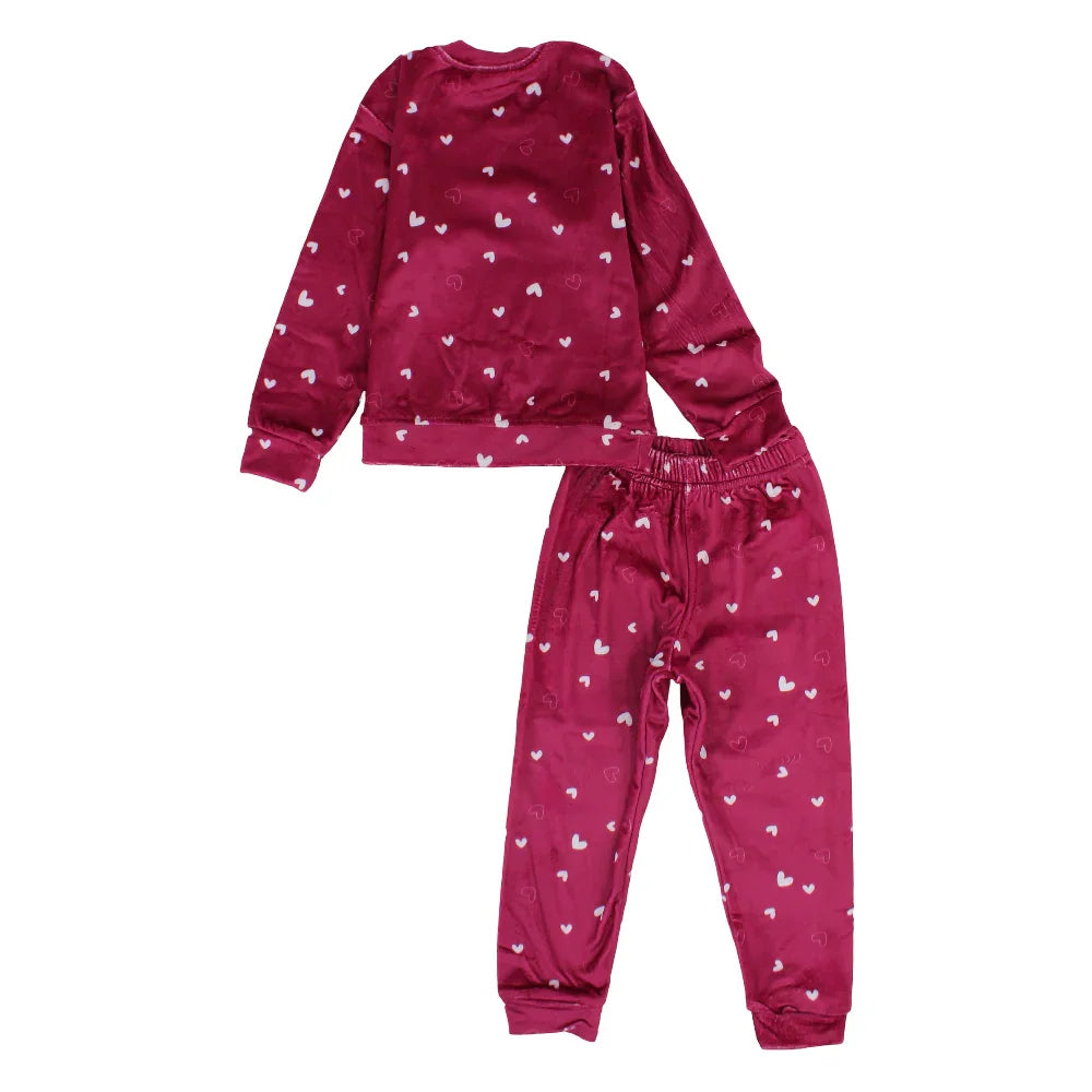 Girls Velvet Thermal Set - Maroon with Hearts Print