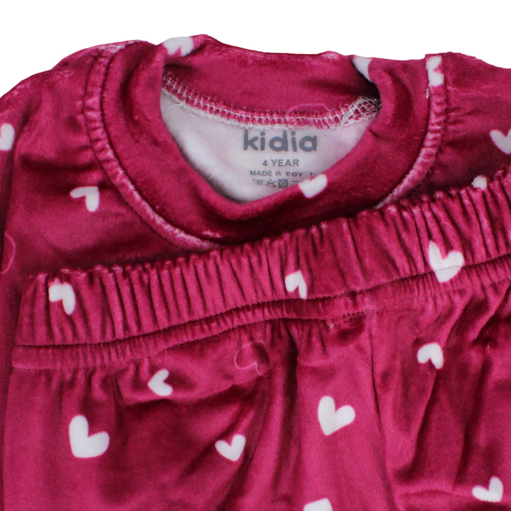 Girls Velvet Thermal Set - Maroon with Hearts Print