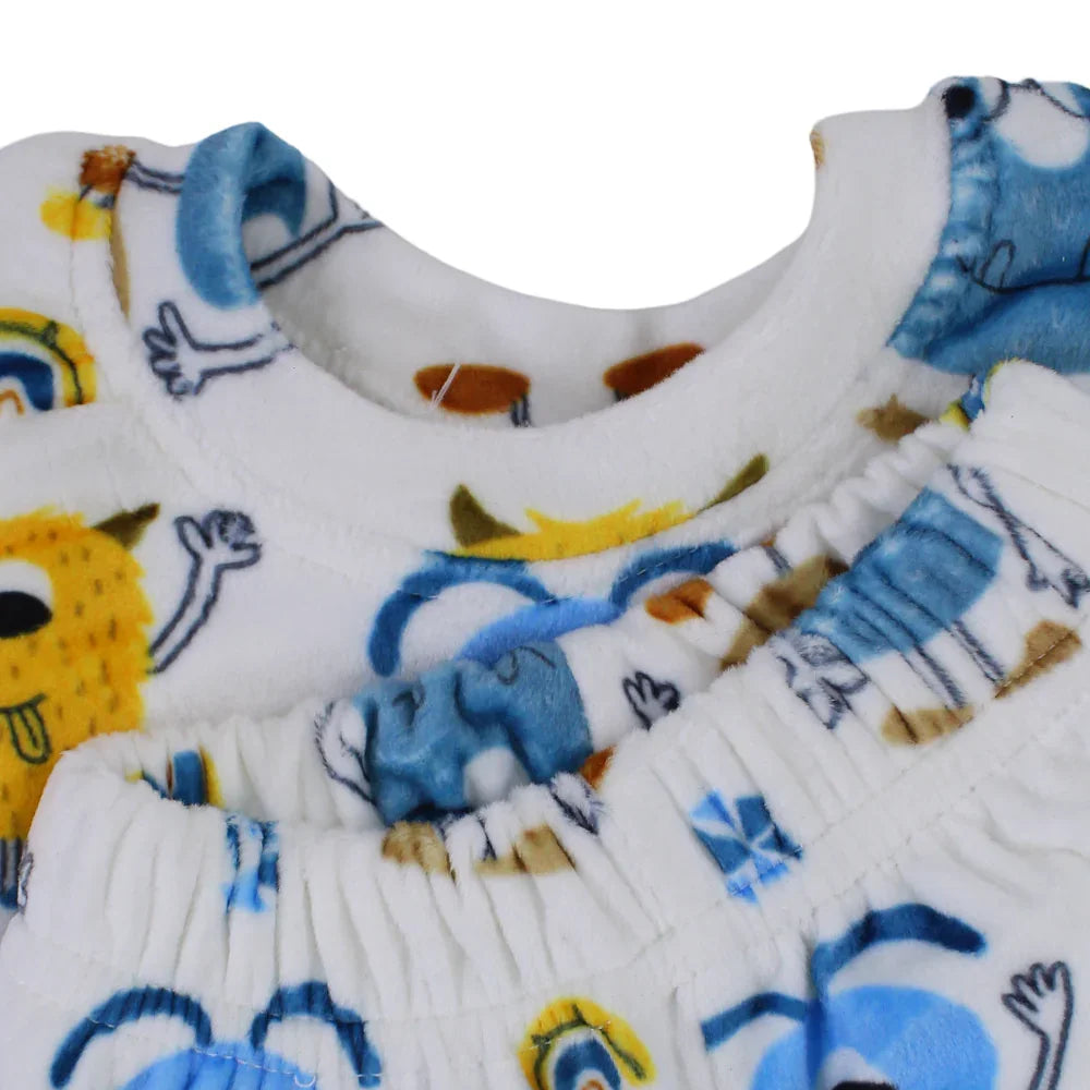 Boys Velvet Thermal Set – White with Monsters Print