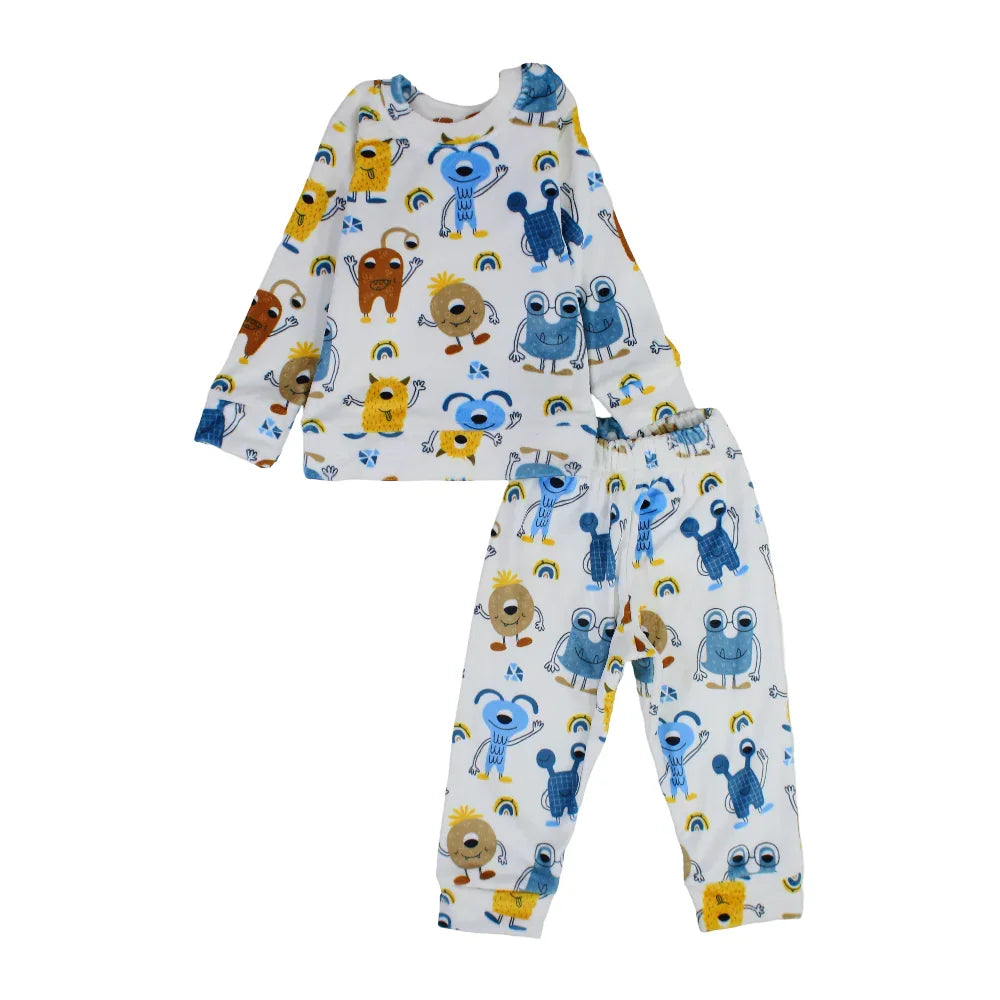 Boys Velvet Thermal Set – White with Monsters Print
