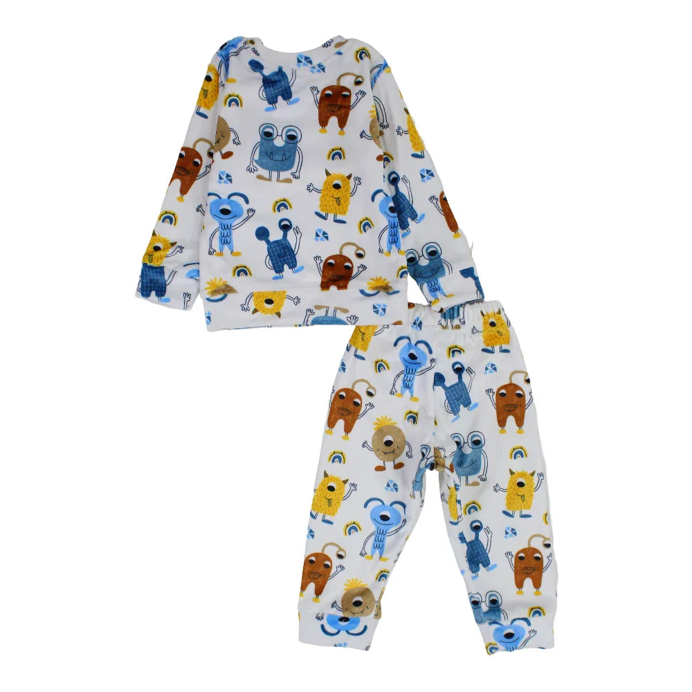 Boys Velvet Thermal Set – White with Monsters Print