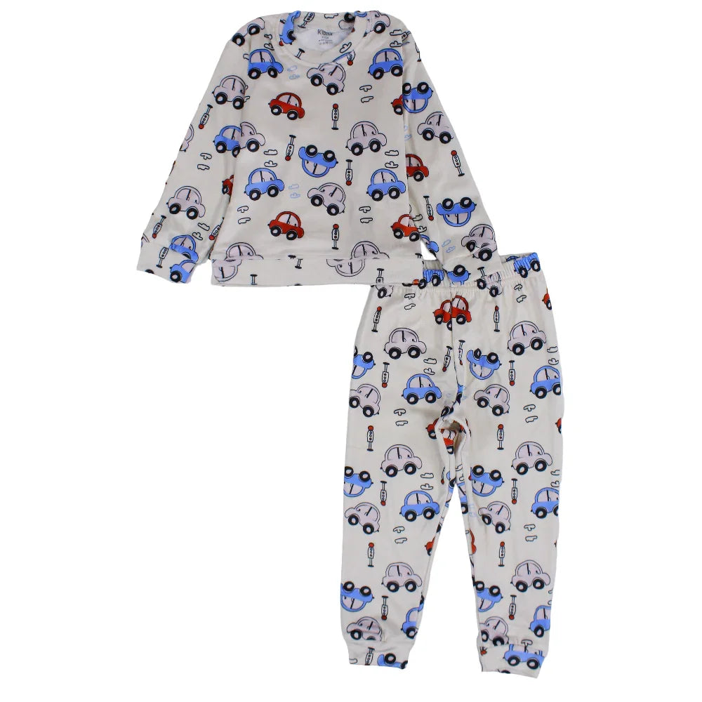 Boys Velvet Thermal Set - Beige with Cars Print