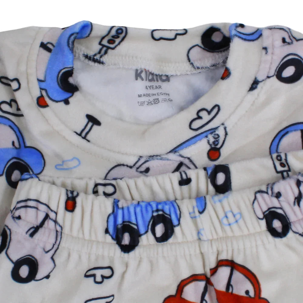 Boys Velvet Thermal Set - Beige with Cars Print