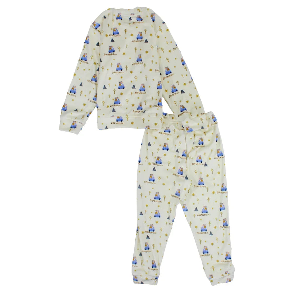Boys Velvet Thermal Set – Off-White with Cars Print