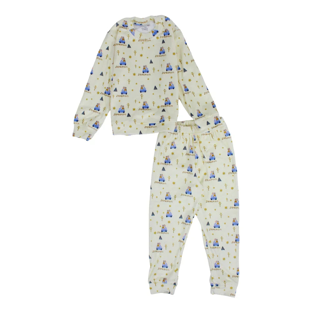Boys Velvet Thermal Set – Off-White with Cars Print