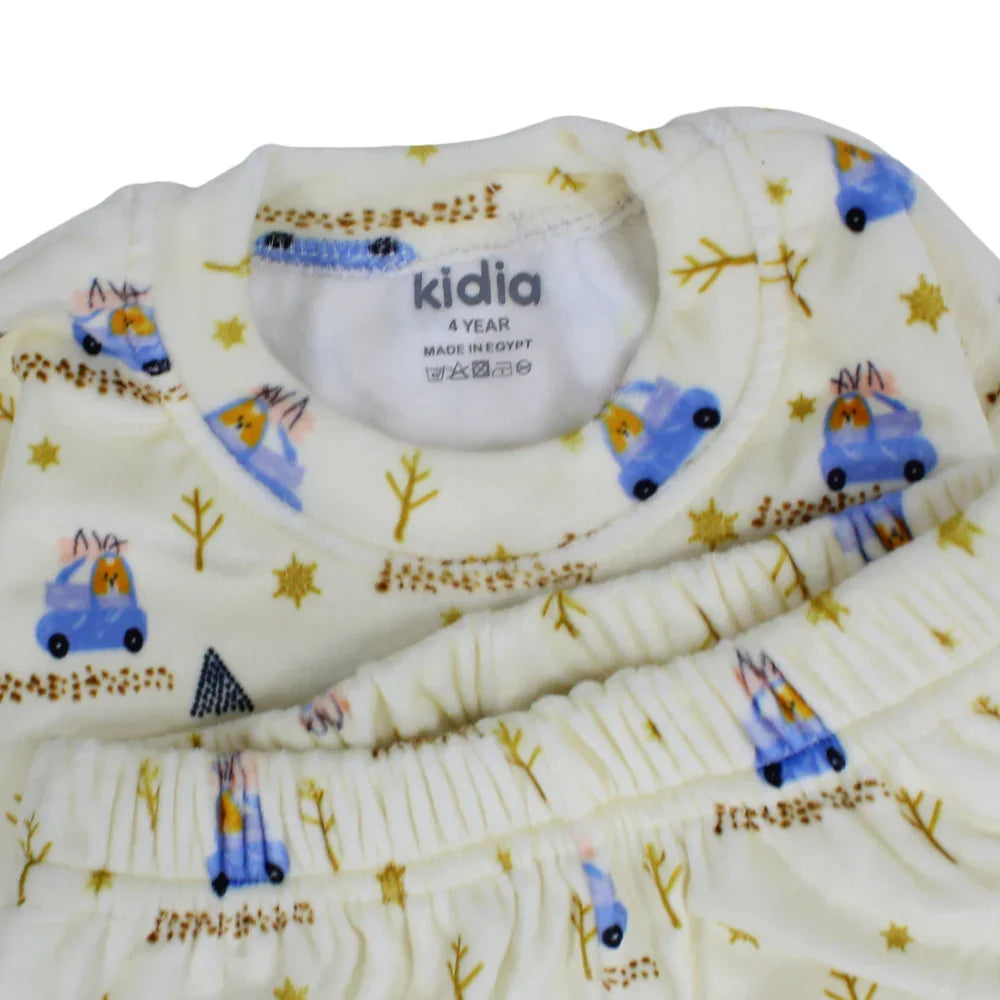 Boys Velvet Thermal Set – Off-White with Cars Print
